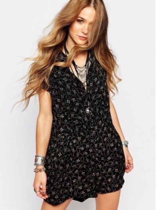 Free People Pants - Free People Debby Dot Black Floral Print Shorts Romper with Silver Buttons